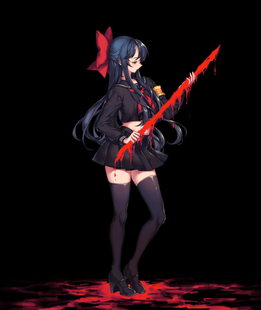 1girl armband black_background black_footwear black_legwear black_skirt blood blood_sword blue_hair blush bow closed_mouth dripping hair_bow high_heels highres holding holding_weapon hp_sword kim_jimin long_hair mary_janes navel red_bow red_eyes red_neckwear school_uniform shoes simple_background skirt solo thighhighs uniform weapon