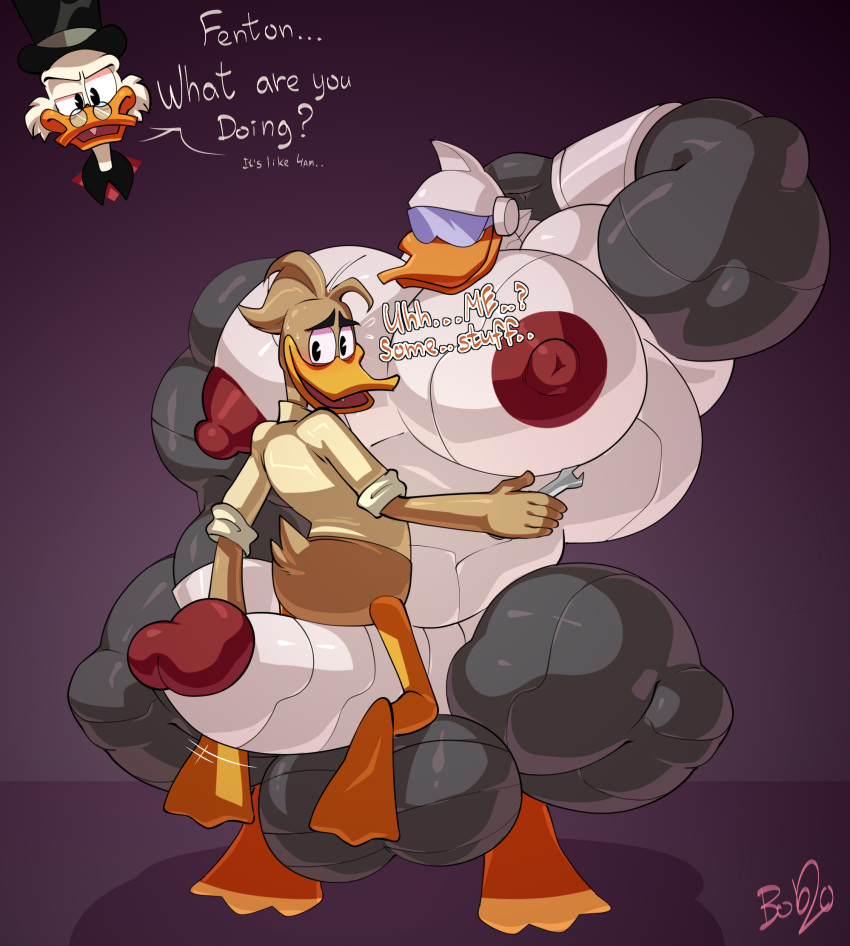 2020 5_fingers anatid anseriform anthro avian balls beak big_balls big_muscles big_penis bird blush bobthetanuki bottomless brown_body brown_feathers brown_hair butt clothed clothing dialogue disney duck ducktales ducktales_(2017) english_text erection eyewear feathers fenton_crackshell-cabrera fingers genitals gizmoduck glans glasses group hair hand_behind_head hat headgear headwear hi_res huge_balls huge_muscles huge_penis humanoid_genitalia humanoid_penis hyper hyper_balls hyper_genitalia hyper_muscles hyper_nipples hyper_penis machine male male/male membrane_(anatomy) metal_penis metallic_body muscular muscular_male nipples open_mouth penis puffy_nipples robot scrooge_mcduck shirt simple_background sitting sitting_on_penis text tongue tools top_hat topwear webbed_feet white_body wrench