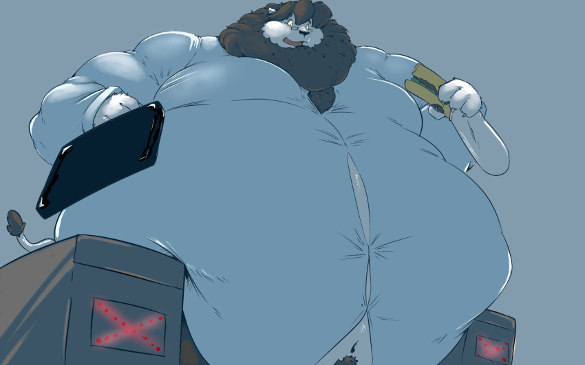 16:10 anthro belly big_belly briefcase claws clothed clothing eyewear felid food fur glasses hi_res holding_food holding_object lion male mammal mane moobs navel obese obese_male open_mouth overweight overweight_male pantherine saintdraconis solo standing straining_buttons stuck submarine_sandwich widescreen