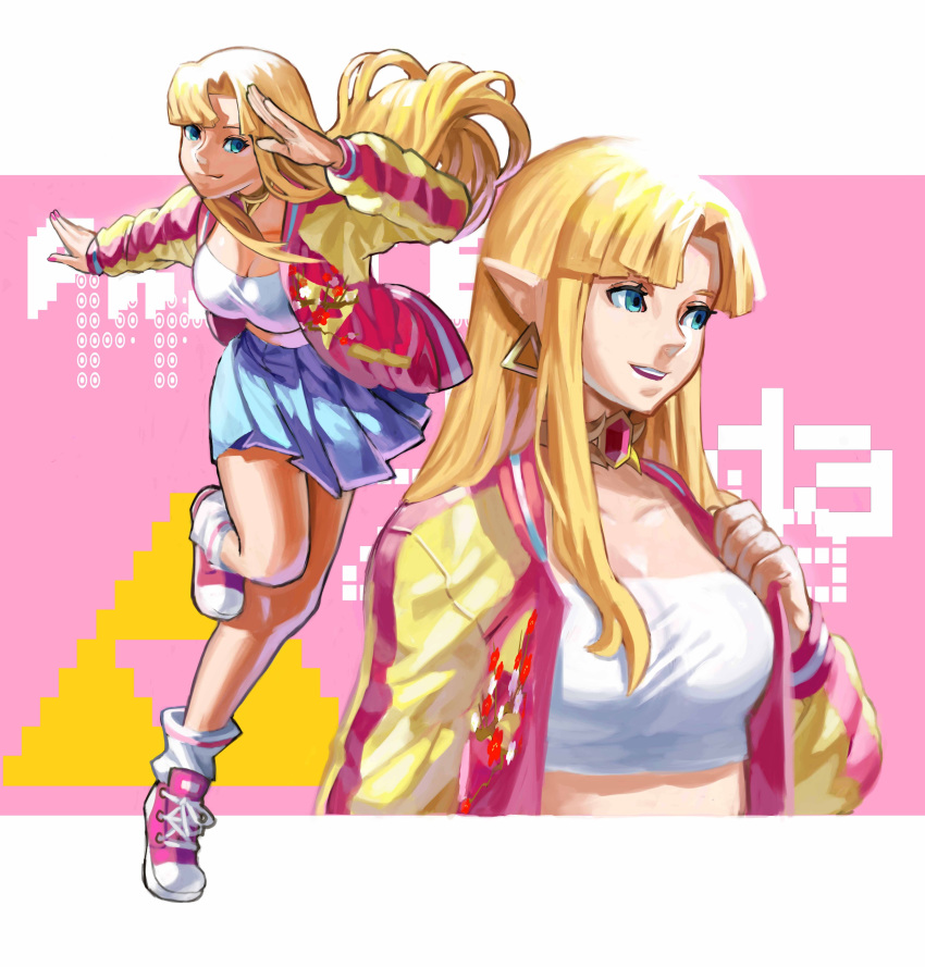 1girl absurdres bangs blonde_hair blue_eyes blue_skirt breasts calilo casual choker cleavage collage commentary contemporary earrings english_commentary full_body gem highres jacket jewelry letterman_jacket medium_breasts midriff nail_polish nose open_clothes open_jacket pink_footwear pleated_skirt pointy_ears princess_zelda running salute shoes skirt sneakers solo strapless the_legend_of_zelda triangle_earrings triforce triforce_print tubetop white_legwear