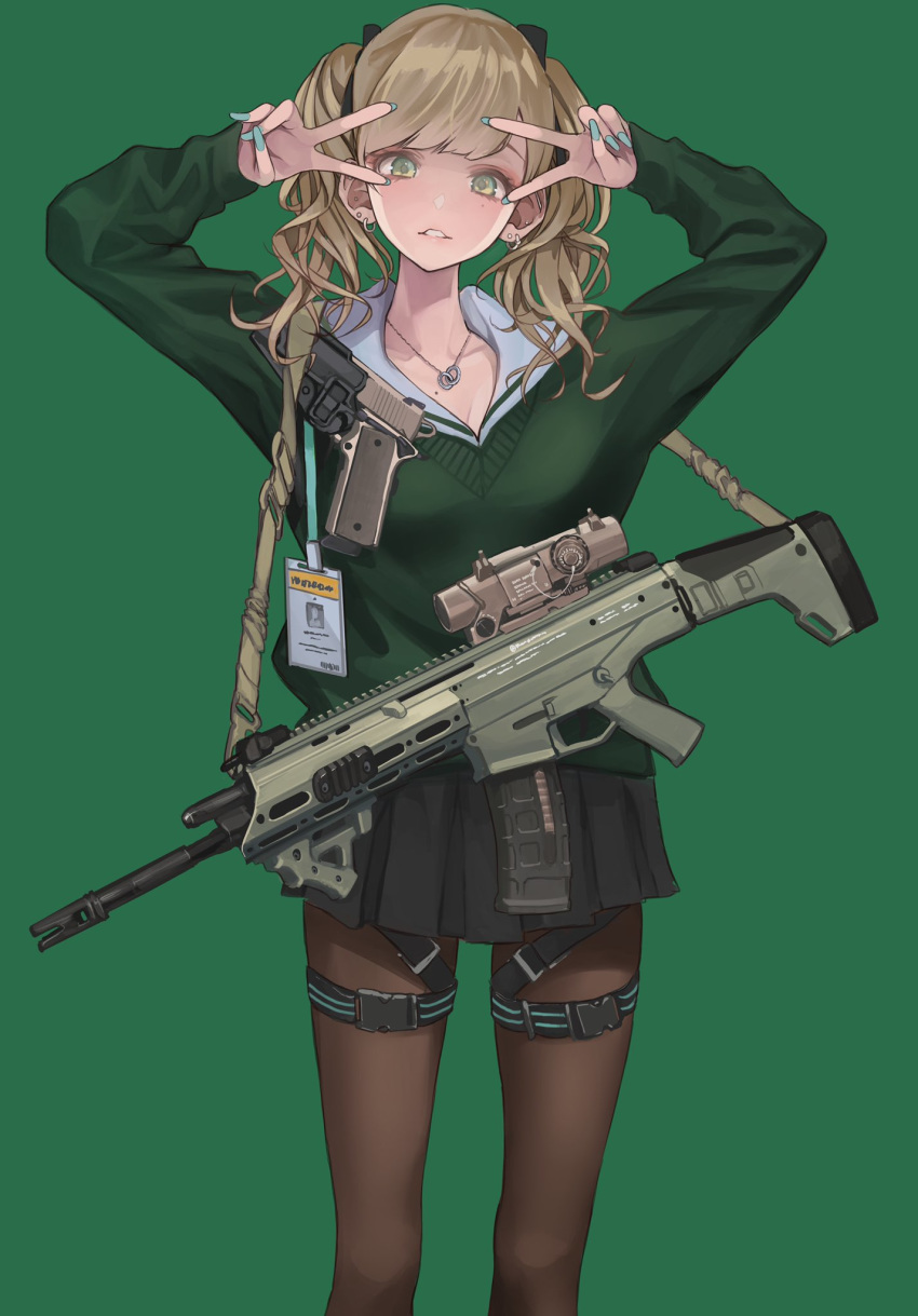 1girl angled_foregrip aqua_nails arms_up assault_rifle bangs black_skirt blonde_hair buckle bushmaster_acr collarbone double_v ear_piercing earrings feet_out_of_frame fingernails folding_stock green_background green_eyes green_sweater gun gyaru handgun highres holster holstered_weapon id_card jewelry koh_(minagi_kou) lanyard long_fingernails long_hair long_sleeves looking_at_viewer m1911 magazine_(weapon) miniskirt mole mole_on_body mole_under_eye nail_polish necklace original pantyhose piercing pistol pleated_skirt pursed_lips rifle ring_necklace school_uniform serafuku simple_background skirt sling_(weapon) solo sweater thigh_strap tied_hair twintails v v_over_eye wavy_hair weapon