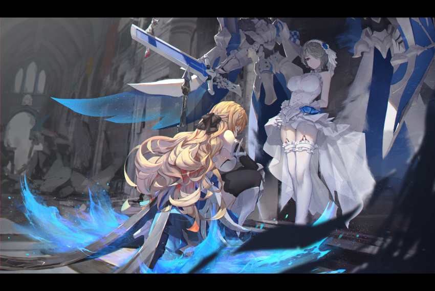 2girls arch armor armored_boots asa_ni_haru bangs banner bare_shoulders black_bow black_legwear blonde_hair blue_eyes blue_fire blurry boots bow breasts cross-laced_clothes depth_of_field dress durandal_(honkai_impact) dutch_angle elbow_gloves fire flower frills full_armor garter_straps gauntlets gloves hair_bow hair_ornament hair_over_one_eye hairband half-closed_eyes half_updo highres honkai_(series) honkai_impact_3rd indoors large_breasts letterboxed long_hair looking_at_another looking_down multiple_girls one_knee panties red_eyes rita_rossweisse ruins short_hair sideboob skindentation smile standing thigh_strap thighhighs underwear veil very_long_hair white_gloves white_legwear white_panties