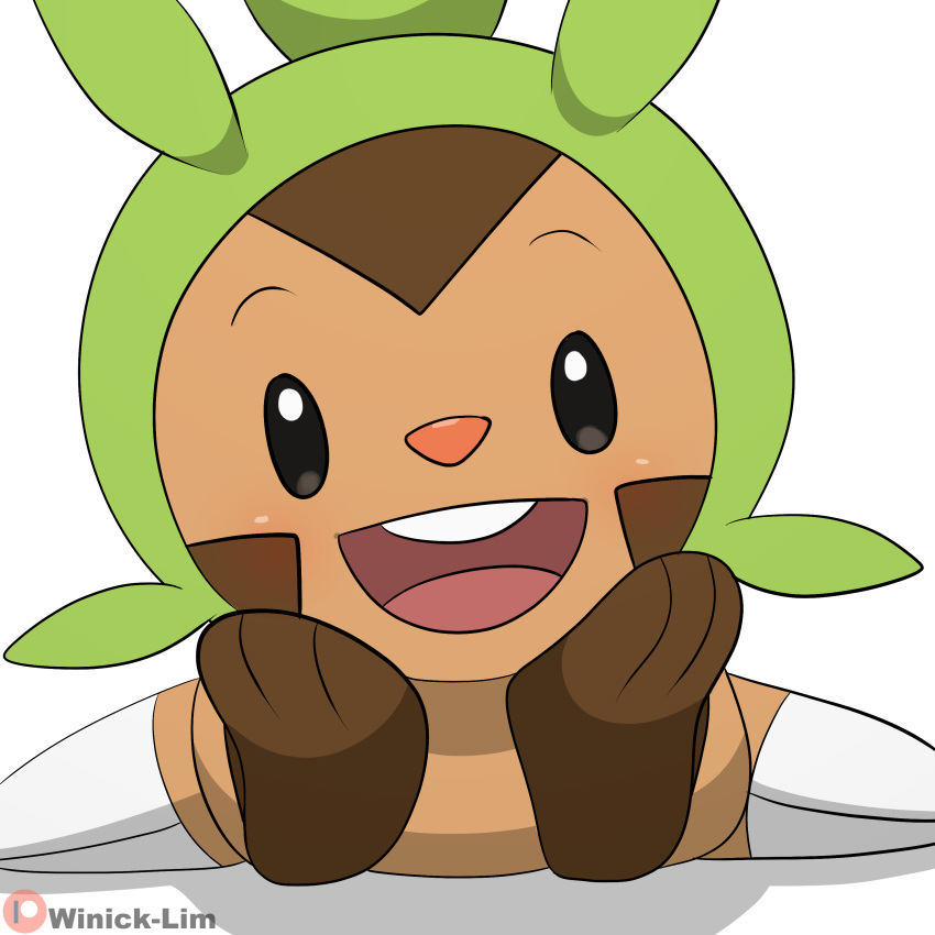 1:1 3_fingers absurd_res ambiguous_gender arm_support chespin fingers hi_res leaning_on_elbow looking_at_viewer multicolored_body nintendo open_mouth open_smile pok&eacute;mon pok&eacute;mon_(species) simple_background smile solo teeth tongue video_games white_background winick-lim