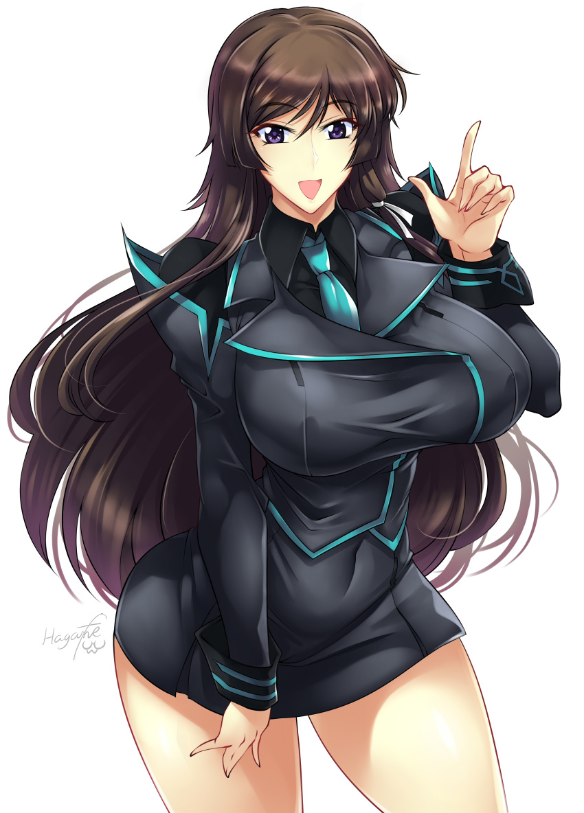 1girl absurdres breasts brown_hair cowboy_shot green_neckwear haganef highres huge_breasts jacket long_hair looking_at_viewer muvluv necktie open_mouth purple_eyes simple_background skirt smile solo takamura_yui white_background