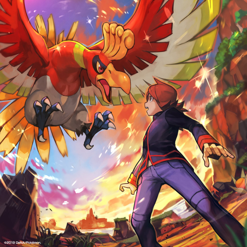 1boy bangs bird bird_focus black_jacket blue_pants claws cloud creature flying gen_2_pokemon hankuri highres ho-oh jacket legendary_pokemon long_hair long_sleeves open_mouth outdoors pants pokemon pokemon_(creature) pokemon_(game) pokemon_masters profile red_eyes red_hair silver_(pokemon) sky solo standing swept_bangs