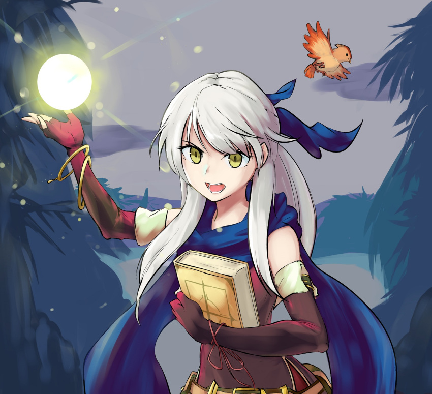 1girl :o bangle bare_shoulders belt bird black_gloves blue_scarf book book_hug boots bracelet dress elbow_gloves energy_ball fingerless_gloves fire_emblem fire_emblem:_radiant_dawn fire_emblem_heroes forest gloves hair_ribbon half_updo highres holding holding_book jewelry long_hair magic micaiah_(fire_emblem) nature open_mouth outdoors poiramee ribbon scarf side_slit silver_hair sleeveless sleeveless_dress solo sothe_(fire_emblem) yellow_eyes yune_(fire_emblem)