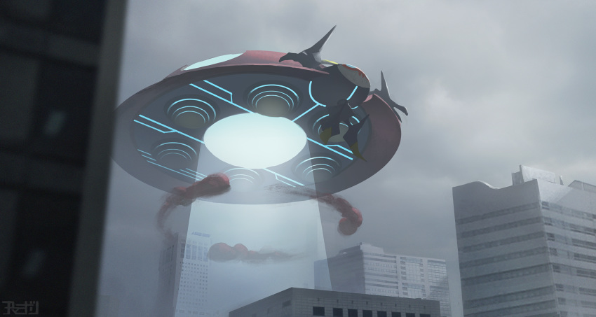 amemidori building city commentary_request creature full_body gen_8_pokemon gigantamax gigantamax_orbeetle highres no_humans orbeetle pokemon pokemon_(creature) signature solo