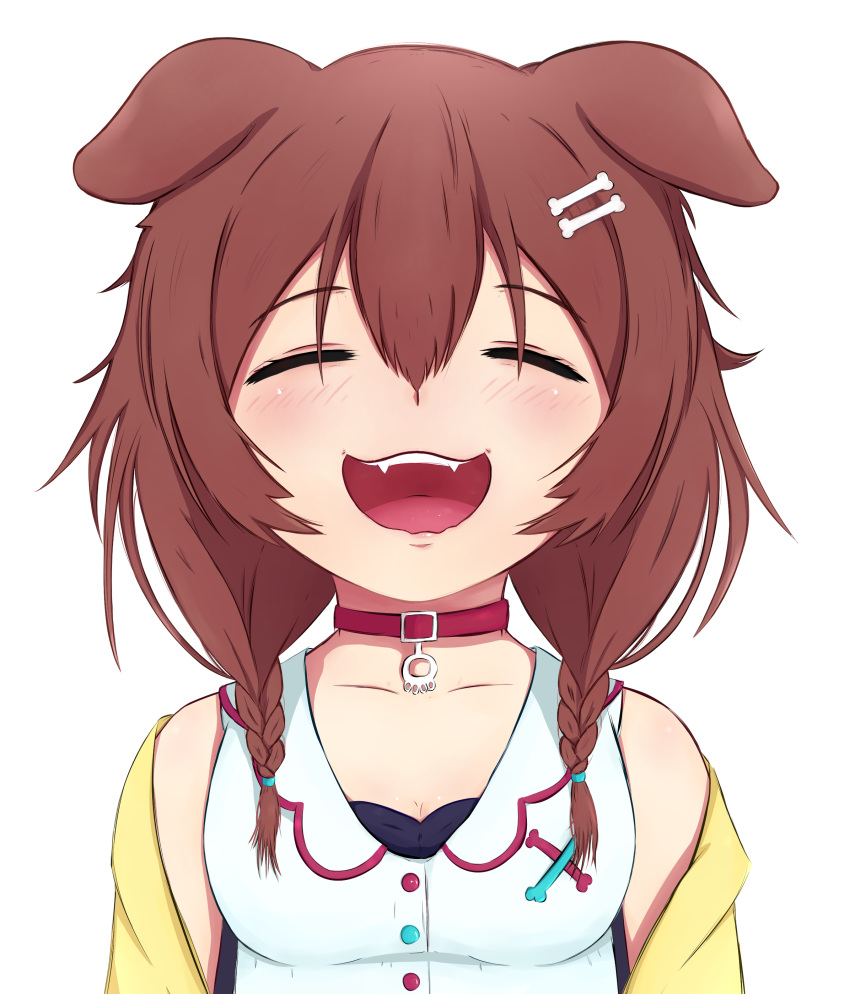 1girl :d absurdres animal_ears braid brown_hair collar dog_ears fang fangs hair_ornament highres hololive inugami_korone korone open_mouth smile solo tied_hair twin_braids upper_body virtual_youtuber