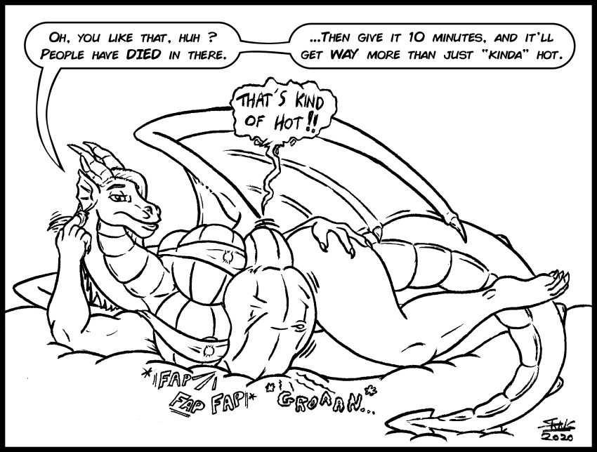 ambiguous_species big_breasts bikini breasts clothing curvy_figure dialogue dragon english_text erect_nipples female female_pred hi_res horn humor larger_female long_neck masturbation meme nipple_outline nipples rumbling_stomach scalie size_difference skianous swimwear text that's_kind_of_hot vore western_dragon wings zwarchia_dr&auml;cher