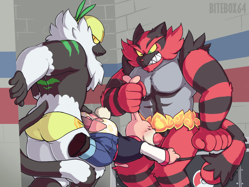 anal anthro arcade_bunny big_dom_small_sub bitebox64 butt clothed clothing ear_pull erection fur genitals group group_sex hi_res incineroar lagomorph lemur leporid male male/male mammal muscular muscular_male nintendo oral pants_down partially_clothed passimian pecs penis pink_body pink_fur pok&eacute;mon pok&eacute;mon_(species) primate rabbit sex size_difference spitroast strepsirrhine torn_clothing underwear video_games