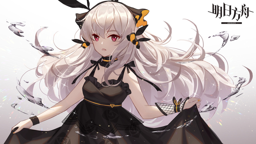 1girl arknights bare_shoulders black_dress breasts choker copyright_name dress gradient gradient_background hair_ribbon horns long_hair looking_at_viewer open_mouth panpanmeiyou_hp red_eyes ribbon silver_hair skirt_hold sleeveless sleeveless_dress small_breasts solo upper_body water weedy_(arknights) white_background wristband