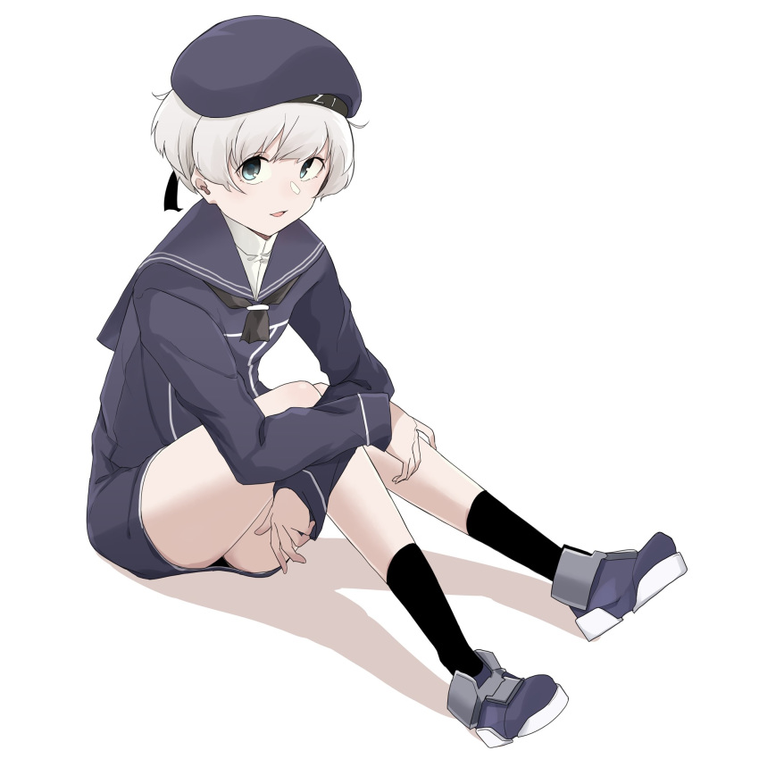 1girl bangs black_legwear blue_eyes blue_footwear blue_headwear clothes_writing daigaku_jitome dress full_body hat highres kantai_collection long_sleeves open_mouth sailor_collar sailor_dress shadow short_hair simple_background sitting socks solo white_background z1_leberecht_maass_(kantai_collection)