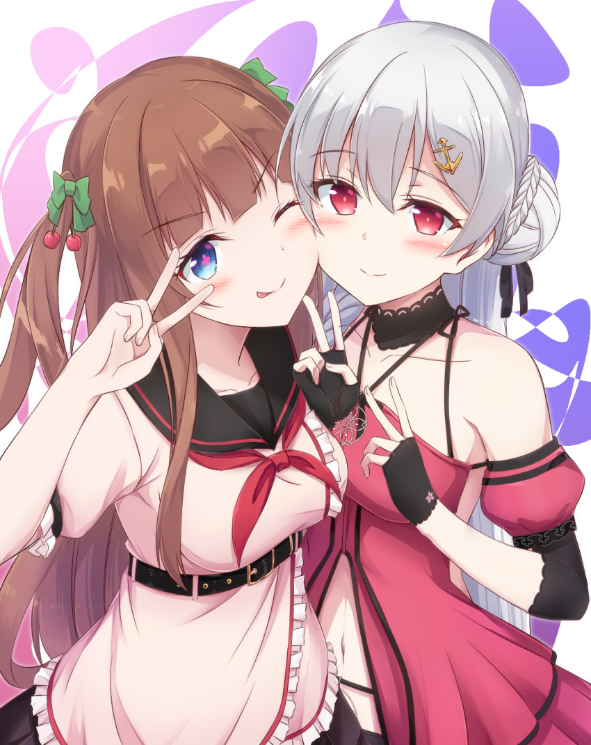 .live 2girls ;p anchor_hair_ornament bassa belt blue_eyes blush breasts brown_hair cheek-to-cheek cherry_hair_ornament collarbone food_themed_hair_ornament hair_between_eyes hair_ornament highres kakyouin_chieri long_hair looking_at_viewer multiple_girls navel one_eye_closed red_eyes school_uniform silver_hair smile tongue tongue_out twintails v virtual_youtuber yozakura_tama