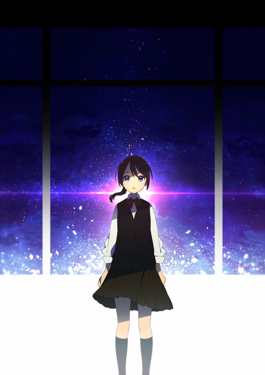 1girl bangs black_hair black_legwear black_skirt black_sweater_vest blue_eyes bow bowtie collared_shirt crying crying_with_eyes_open highres kneehighs long_sleeves looking_up mamyouda night night_sky original parted_lips pleated_skirt ponytail puffy_long_sleeves puffy_sleeves school_uniform shirt skirt sky sleeve_cuffs solo space star_(sky) starry_sky sweater_vest tears white_shirt