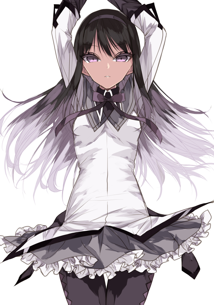 1girl absurdres akemi_homura argyle argyle_legwear arms_up black_hair black_hairband black_legwear black_neckwear black_ribbon breasts cowboy_shot eyebrows_visible_through_hair frilled_skirt frills grey_skirt hairband highres long_sleeves looking_at_viewer mahou_shoujo_madoka_magica miniskirt misteor multicolored_hair neck_ribbon pantyhose parted_lips purple_eyes ribbon shirt silver_hair simple_background skirt small_breasts solo thigh_gap two-tone_hair v-shaped_eyebrows white_background white_shirt