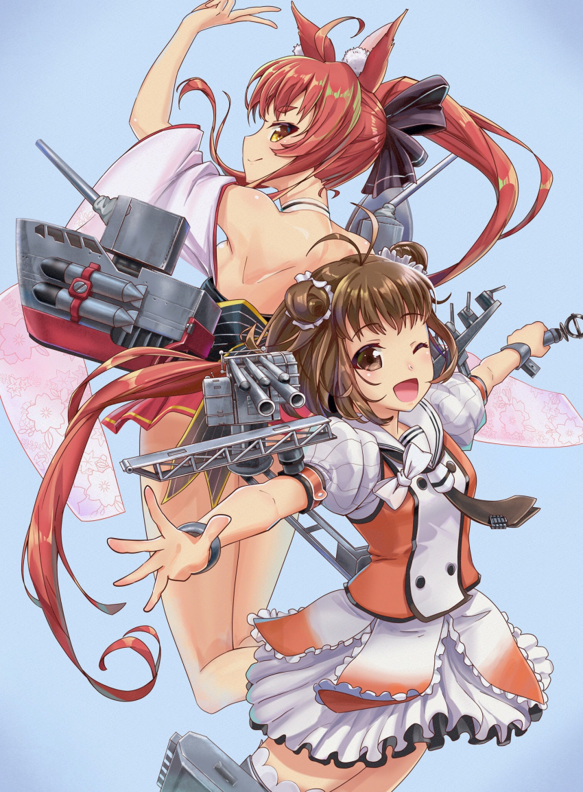 2girls ahoge animal_ears antenna_hair azur_lane back-to-back brown_eyes brown_hair cannon commentary_request cowboy_shot double-breasted double_bun floral_print fox_ears fox_tail frilled_skirt frills from_behind highres kantai_collection long_hair looking_at_viewer looking_back machinery microphone multiple_girls naka_(azur_lane) naka_(kantai_collection) namesake off-shoulder_kimono one_eye_closed orange_eyes ponytail red_hair remodel_(kantai_collection) sailor_collar school_uniform serafuku skirt tail tarou_(user_tpmh7442) thighhighs turret white_sailor_collar white_skirt