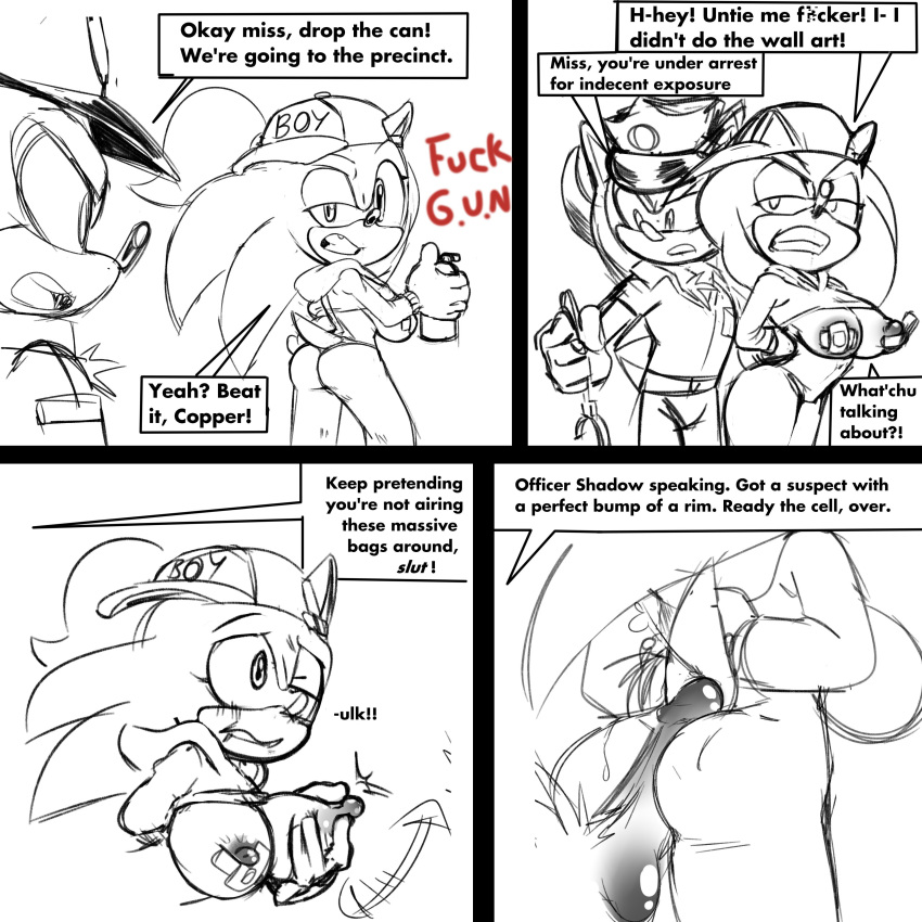 1:1 absurd_res anthro arrest balls breast_grab breasts butt clothing crossgender duo english_text female genitals hand_on_breast hi_res hot_dogging male male/female missphase nipple_tape nipples pasties penis police police_uniform shadow_the_hedgehog sonic_the_hedgehog sonic_the_hedgehog_(series) tape text uniform