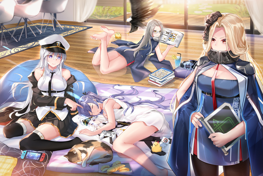 4girls azur_lane bald_eagle belt bird black_belt black_coat black_flower black_neckwear black_rose blonde_hair blue_cloak blue_hair book breasts bunker_hill_(azur_lane) cleavage cloak coat dakimakura dust_(394652411) eagle enterprise_(azur_lane) essex_(azur_lane) flower grey_hair hat high_collar highres holding holding_book large_breasts long_hair military_hat multiple_girls nintendo_switch open_clothes open_coat peaked_cap purple_eyes red_eyes rose shangri-la_(azur_lane) shirt silver-framed_eyewear sleeping sleeveless sleeveless_shirt thighhighs underbust white_hair yellow_eyes