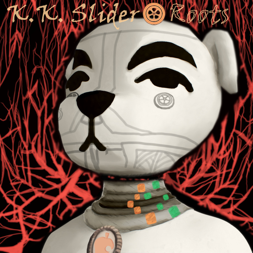 1:1 album_cover animal_crossing anthro black_eyes black_nose bodypaint canid canine canis coffeewithdicks cover domestic_dog empty_eyes english_text eyebrows face_paint hi_res jewelry k.k._slider k.k._slider_album_redraw leaf male mammal meme necklace nintendo parody sepultura solo text video_games white_body