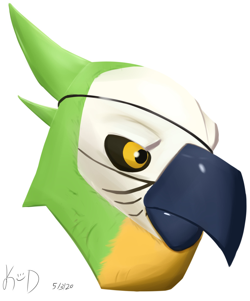 2020 ambiguous_form ambiguous_gender avian beak bird black_pupils black_sclera dated feathers green_body green_feathers hi_res kingdorkster multicolored_body multicolored_feathers parrot signature simple_background solo team_fortress_2 valve video_games white_background white_body yellow_body yellow_eyes yellow_feathers