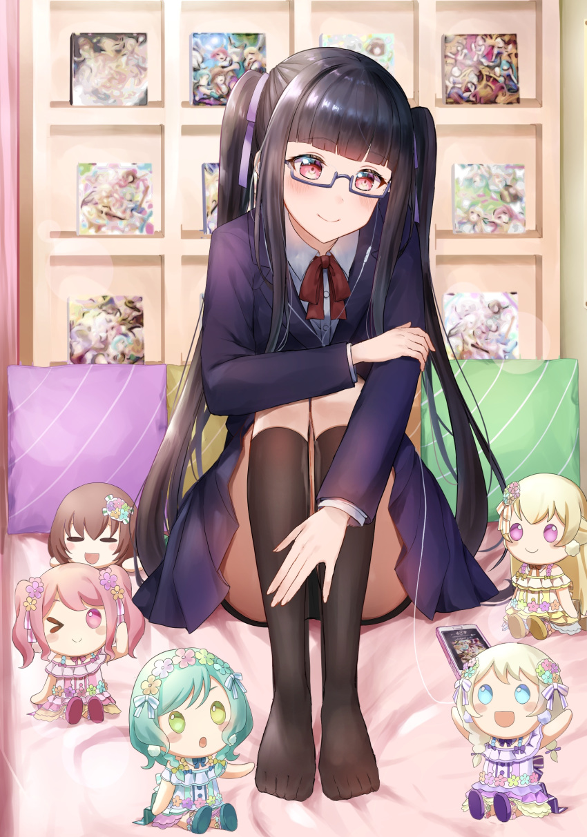 &gt;_o 1girl :d :o ;) =_= \o/ absurdres arms_up bang_dream! bangs black_hair black_legwear blazer blonde_hair blue_dress blue_eyes blunt_bangs blush_stickers braid brown_hair cd_case cellphone character_doll dress earphones flower glasses green_eyes green_hair hair_flower hair_ornament half_updo hand_on_own_arm highres hikawa_hina jacket kneehighs knees_up listening_to_music long_hair long_sleeves maruyama_aya mia_(fai1510) navy_blue_jacket navy_blue_skirt neck_ribbon one_eye_closed open_mouth outstretched_arms pareo_(bang_dream!) phone pillow pink_dress pink_eyes pink_hair purple_dress purple_eyes red_eyes red_neckwear ribbon school_uniform semi-rimless_eyewear shirasagi_chisato short_hair sidelocks sitting smartphone smile solo twin_braids twintails under-rim_eyewear very_long_hair wakamiya_eve white_hair yamato_maya yellow_dress