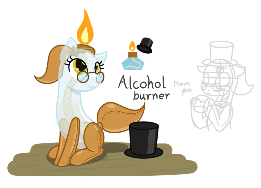 2020 alcohol_burner amber_eyes animate_inanimate camo-pony clothing english_text equid equine eyewear female fire glasses hat headgear headwear hi_res horse mammal my_little_pony ponification pony sitting solo text top_hat