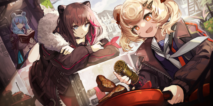 3girls :d :o animal_ears arknights bear_ears blonde_hair blue_eyes blue_hair blue_shirt book brown_cardigan brown_hair brown_jacket day fang food frying_pan fur_trim goomrrat gummy_(arknights) highres holding istina_(arknights) jacket long_sleeves meat monocle multiple_girls neckerchief open_mouth orange_eyes outdoors reading sailor_collar salt_shaker shirt smile sunlight zima_(arknights)