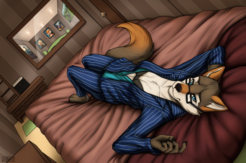 anthro bed bed_sheet bedding bedroom bedroom_eyes bedroom_setting belly blouse blue_eyes bottomwear bra business_attire business_dress business_suit canid canine canis clothing darkflamewolf door eyewear fan_character female furniture glasses hand_behind_head hi_res lying mammal mirror mirror_reflection murana_wolford_(darkflame-wolf) narrowed_eyes navel night_stand on_back pants pillow pinstripe_clothing pinstripe_suit reflection ruolina scar seductive seductive_eyes seductive_look solo suit underwear wolf