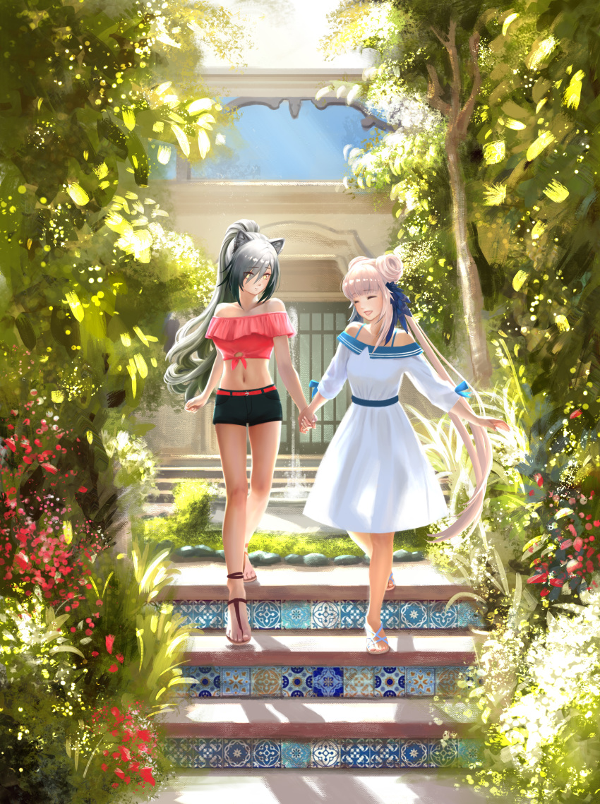 2girls :d ^_^ absurdres alternate_costume animal_ears arknights bangs bare_legs bare_shoulders belt black_shorts blue_sash bra_strap casual cat_ears ceylon_(arknights) closed_eyes collarbone commentary crop_top dclaribelle double_bun dress english_commentary eyebrows_visible_through_hair hair_over_one_eye highres holding_hands huge_filesize long_hair long_ponytail long_sleeves looking_at_another midriff multiple_girls navel no_hat no_headwear off-shoulder_dress off-shoulder_shirt off_shoulder open_mouth outdoors plant red_belt red_shirt sandals sash schwarz_(arknights) see-through_silhouette shirt short_shorts shorts silver_hair smile stairs stomach thighs very_long_hair white_dress yellow_eyes