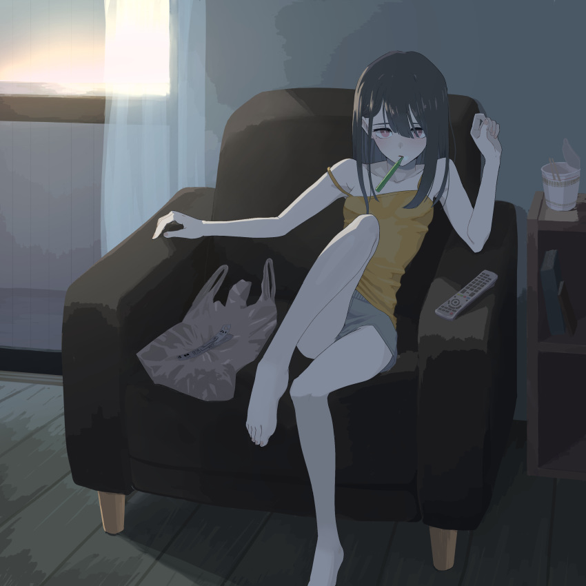 1girl absurdres bag bare_shoulders barefoot black_hair camisole controller couch cup_ramen curtains highres indoors long_hair looking_at_viewer oissu_tiwassu original plastic_bag purple_eyes remote_control shorts sitting solo strap_slip toothbrush_in_mouth