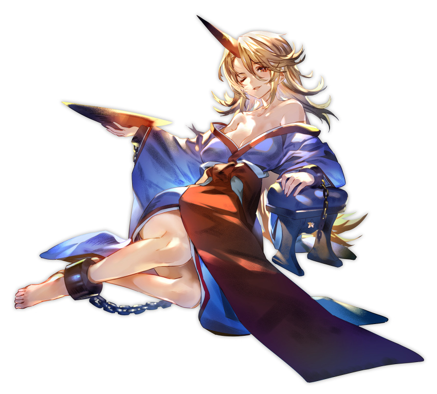 1girl ankle_cuffs bare_shoulders barefoot blonde_hair blue_kimono breasts chain cleavage commentary_request cup head_tilt highres holding holding_cup horn hoshiguma_yuugi hoshiguma_yuugi_(promo) japanese_clothes kimono large_breasts long_hair long_sleeves looking_at_viewer off_shoulder one_eye_closed parted_lips red_eyes sakazuki simple_background sitting smile solo touhou uu_uu_zan white_background wide_sleeves