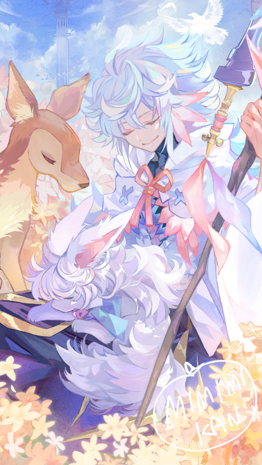 1boy artist_name bangs bird blue_cape blue_sky cape cloak closed_eyes cloud commentary_request creature creature_on_lap deer dove fate/grand_order fate_(series) field flower flower_field fou_(fate/grand_order) fur hair_ornament highres holding holding_staff long_hair male_focus merlin_(fate) mimimikan on_lap pink_ribbon ribbon signature sitting sky sleeping smile solo staff tail tower white_cape white_hair yellow_flower