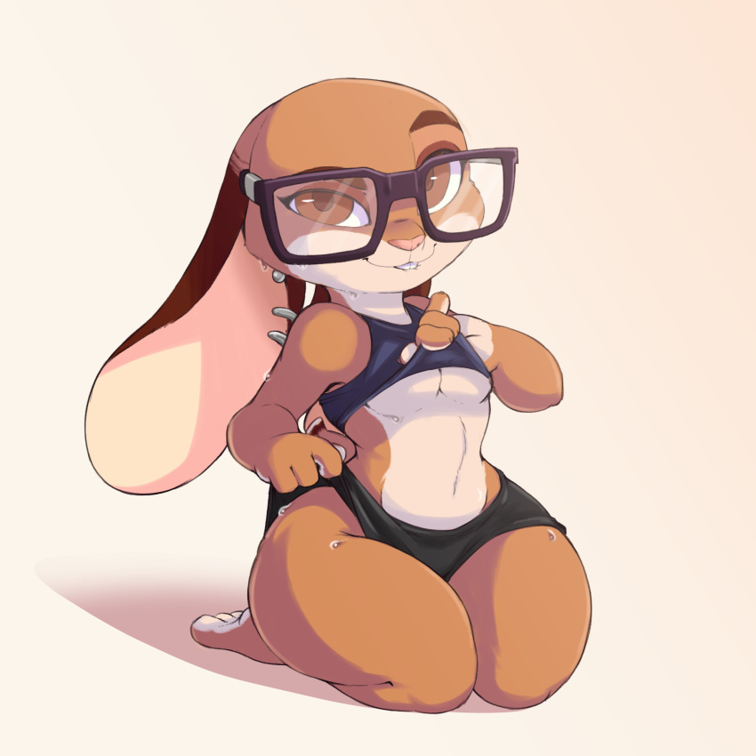 1:1 2019 anthro bottomwear brachyzoid breasts brown_eyes buckteeth cider_(ciderbunart) clothed clothing crop_top ear_piercing eyewear female glasses hi_res hotpants kneeling lagomorph leporid light lighting mammal midriff piercing rabbit shirt shorts simple_background solo tan_background teeth topwear under_boob