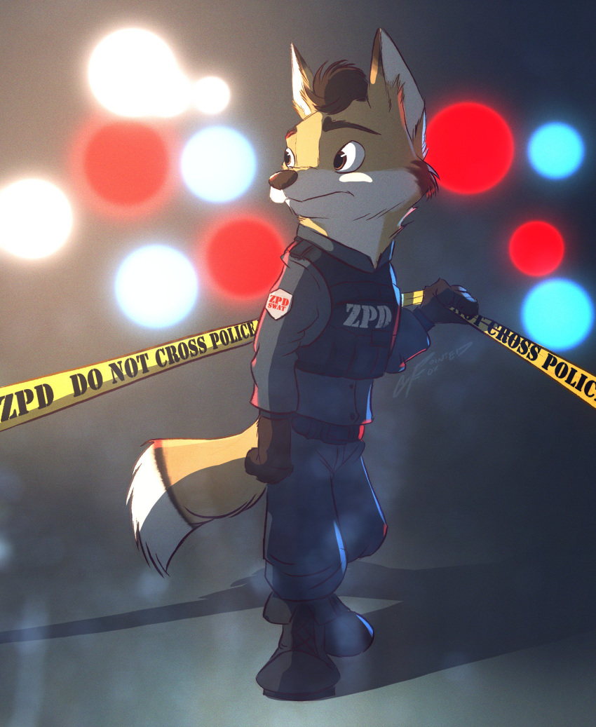 2019 absurd_res anthro brown_eyes canid cheek_tuft clothed clothing dipstick_tail facial_tuft fully_clothed fur grainy head_tuft hi_res light lighting mammal multicolored_tail pointedfox police_tape police_uniform solo tuft uniform white_body white_fur yellow_body yellow_fur