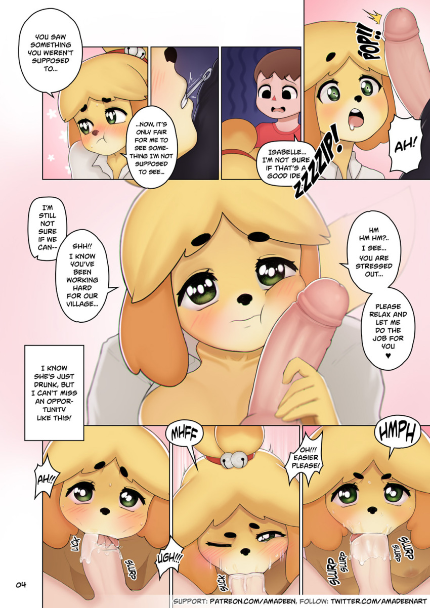 &lt;3 amadeen animal_crossing anthro blush bodily_fluids breasts canid canine canis clothed clothing comic dialogue domestic_dog drooling drunk duo english_text erection fellatio female first_person_view fur genitals green_eyes hair handjob hi_res holding_penis human human_on_anthro humanoid interspecies isabelle_(animal_crossing) kneeling looking_at_viewer male male/female male_pov mammal nintendo one_eye_closed open_mouth oral penile penis penis_on_face saliva sequence sex shih_tzu substance_intoxication sweat teeth text tongue tongue_out toy_dog undressing unzipped_pants unzipping url video_games villager_(animal_crossing) yellow_body yellow_fur zipper