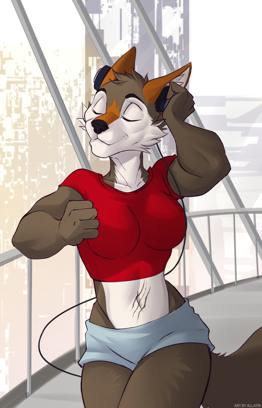 9:14 absurd_res allatir anthro belly bridge canid canine canis city city_background cityscape darkflamewolf exercise fan_character female headphones hi_res jogging jogging_outfit jogging_shorts mammal murana_wolford_(darkflame-wolf) music navel running running_shorts scar skyscraper solo wolf