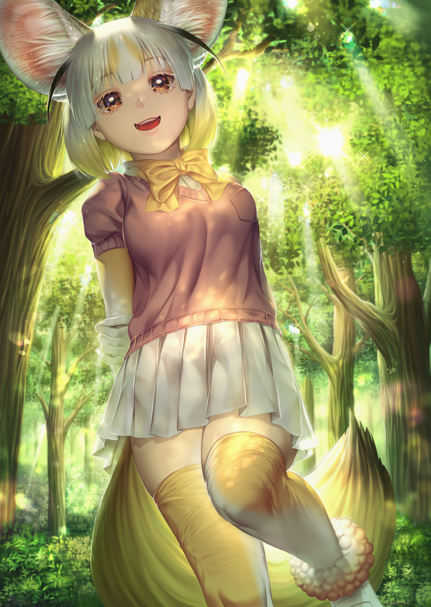 1girl :d absurdres animal_ear_fluff animal_ears arms_behind_back bangs black_hair blonde_hair breast_pocket commentary_request dappled_sunlight day elbow_gloves extra_ears fennec_(kemono_friends) fox_ears fox_tail gloves hand_on_own_arm highres kemono_friends looking_at_viewer mayuma_yumeko medium_hair miniskirt multicolored_hair open_mouth outdoors pink_sweater pocket short_sleeve_sweater short_sleeves skirt smile solo sunlight sweater tail thighhighs tree upper_teeth white_hair white_skirt zettai_ryouiki