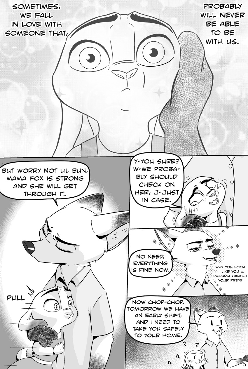 2020 absurd_res anthro canid canine clothed clothing comic dialogue digital_media_(artwork) disney duo english_text female fox fur greyscale hi_res judy_hopps lagomorph leporid male male/female mammal manga monochrome nick_wilde rabbit simple_background text the_gory_saint zootopia