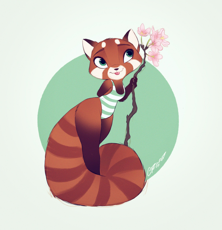 2019 absurd_res ailurid anthro blep branch brown_body brown_fur clothed clothing female flower fully_clothed fur green_background green_eyes hi_res mammal one-piece_swimsuit plant pointedfox red_panda simple_background solo swimwear tongue tongue_out