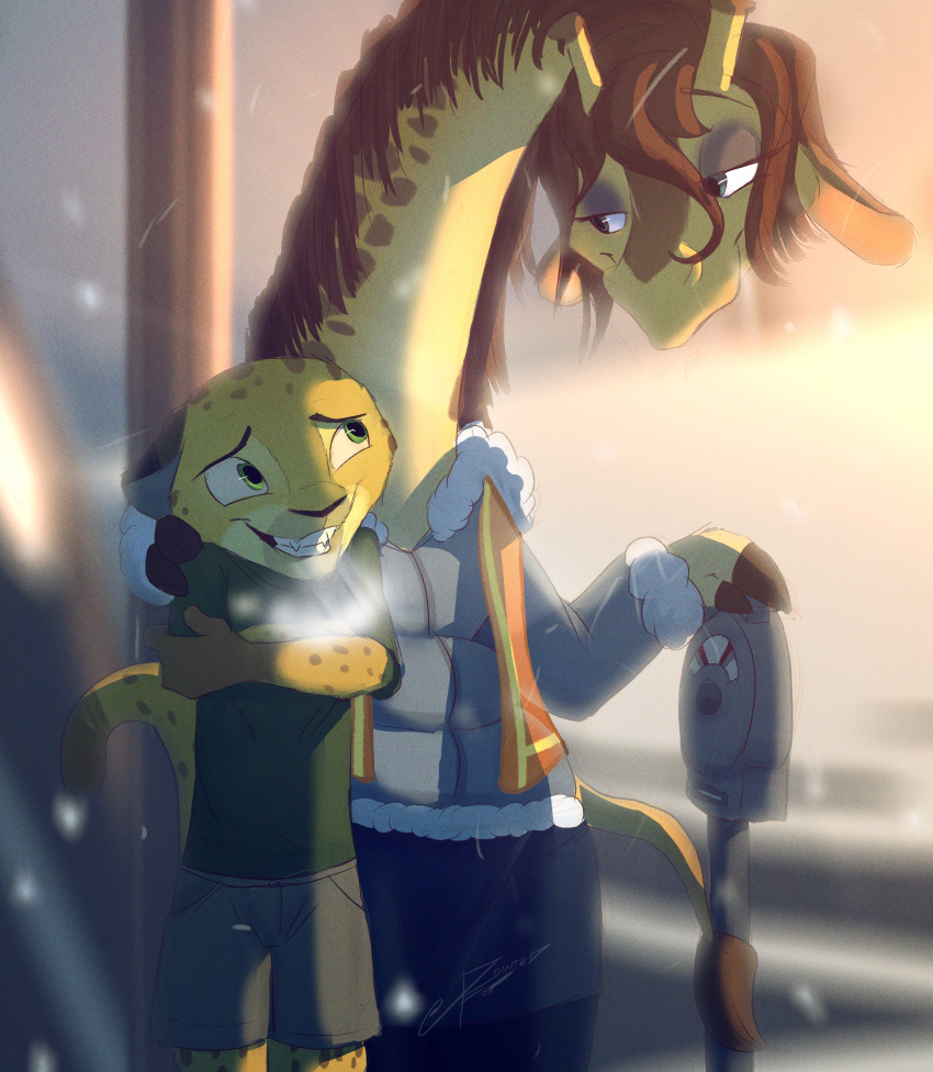 2020 absurd_res anthro bottomwear breath clothed clothing coat cold desmond_(zootopia_fan_character) disney duo fan_character felid fully_clothed fur giraffe giraffid green_eyes grin hi_res jaguar light lighting looking_at_another mammal molly_(zootopia_fan_character) outside pantherine parking_meter pointedfox shirt shorts smile spots spotted_body spotted_fur t-shirt teeth topwear yellow_body yellow_fur zootopia