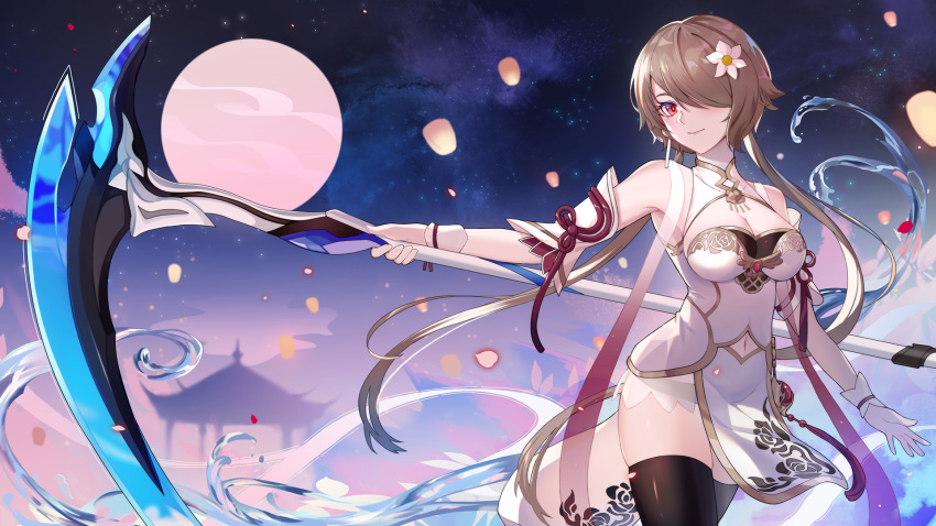 breasts brown_hair chinese_clothes chinese_dress cleavage honkai_impact long_hair magic moon navel red_eyes rita_rossweisse scythe thighhighs tsubasa19900920 twintails water weapon wristwear