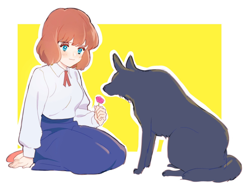 1girl blue_eyes blush breasts brown_hair castle_of_cagliostro clarisse_de_cagliostro closed_mouth dog dress highres honoboooono lupin_iii short_hair smile