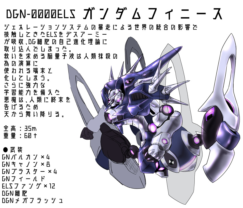 absurdres cinnamon_sabaku commentary devil_gundam els g_gundam gundam gundam_00 highres mecha mechanical missile_pod no_humans no_legs no_pupils purple_eyes robot science_fiction spikes super_robot translation_request