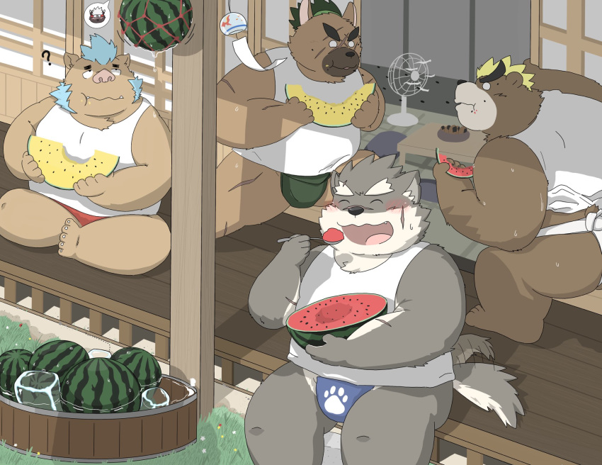 2020 anthro ashigara asian_clothing belly blush brown_body brown_fur butt canid canine canis clothing detailed_background domestic_dog east_asian_clothing eating eyes_closed food fruit fundoshi fur gouryou group hi_res hon55728 humanoid_hands japanese_clothing kemono male mammal melon moritaka overweight overweight_male plant scar sitting suid suina sumo sus_(pig) tokyo_mew_mew underwear ursid watermelon watermelon_slice wild_boar yasuyori
