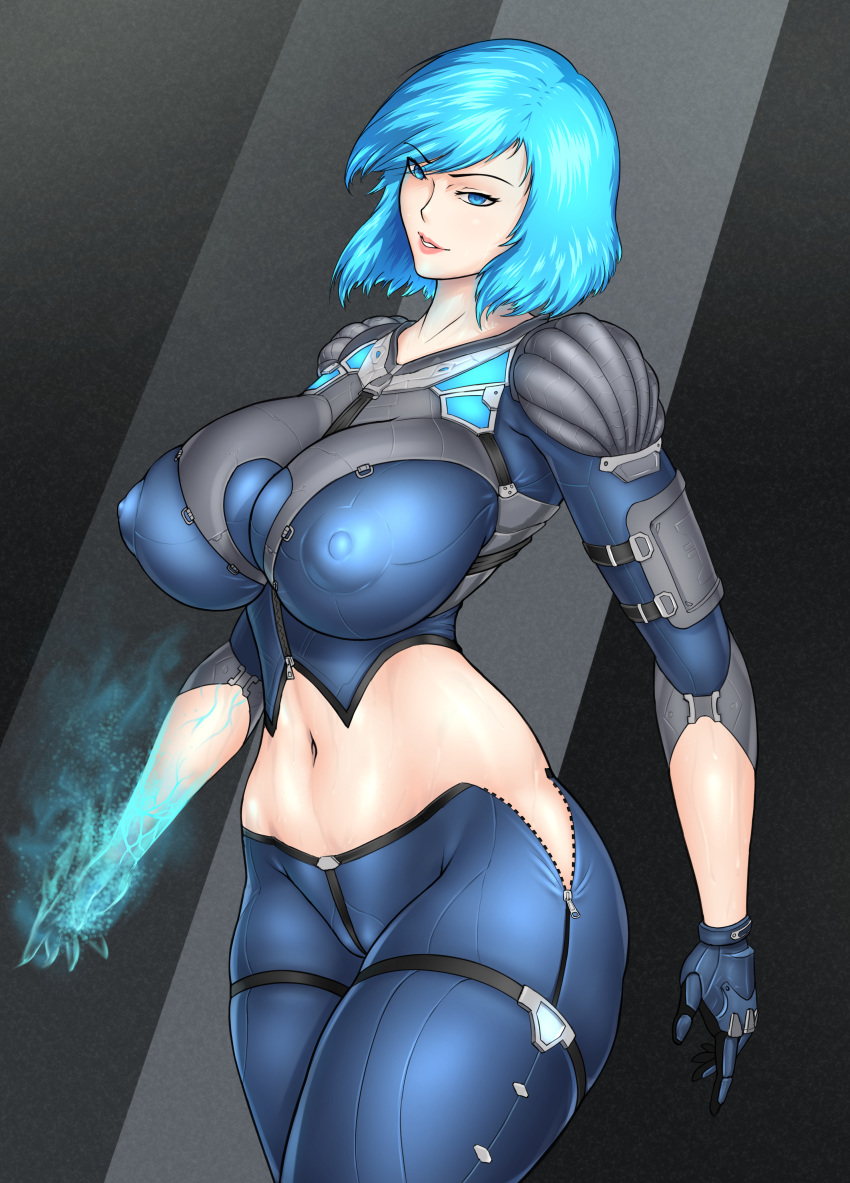 1girl absurdres black_background blue_eyes blue_hair breasts covered_nipples eyebrows_visible_through_hair highres huge_filesize large_breasts latex looking_at_viewer nyx_(quake) quake quake_champions standing sweat wide_hips