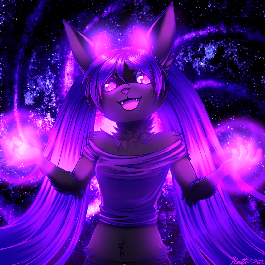 1:1 2020 5_fingers anthro biped black_body black_ears black_fur breasts clothing conditional_dnp crop_top digital_media_(artwork) fangs female fingers fur galaxy glowing glowing_hands glowing_horn hair half-length_portrait hi_res horn lagomorph leporid long_hair magic mammal open_mouth open_smile pigtails portrait purple_hair rabbit ratte shirt signature small_breasts smile solo topwear