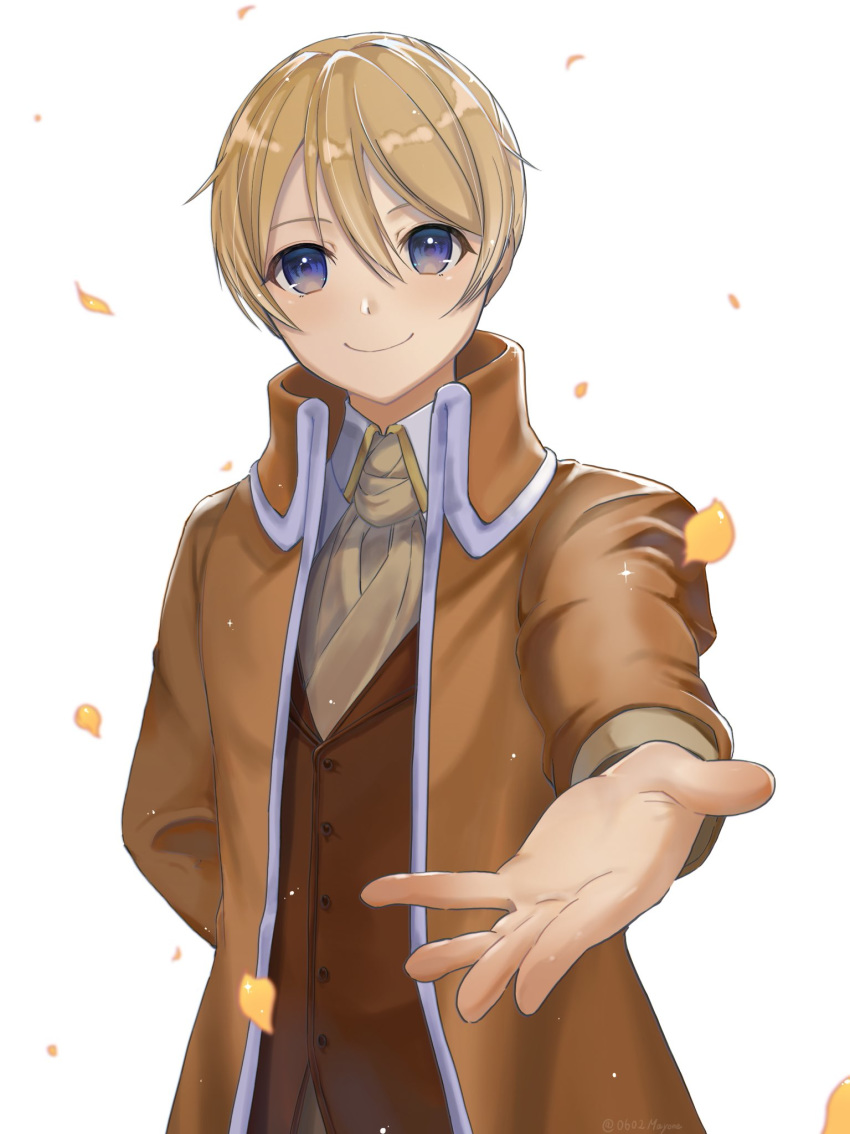 1boy aku_no_meshitsukai_(vocaloid) allen_avadonia arm_behind_back backlighting blonde_hair bloom blue_eyes cravat evillious_nendaiki highres jacket kagamine_len looking_at_viewer mayo_(mayone-u) outstretched_hand petals pov short_hair smile upper_body vocaloid yellow_jacket