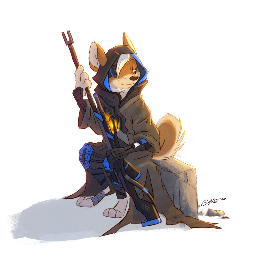 1:1 2019 absurd_res alternate_species ana_(overwatch) anthro brown_body brown_fur canid canine canis clothed clothing domestic_dog fully_clothed fur gun herding_dog hi_res holding_gun holding_object holding_weapon hood mammal pastoral_dog pointedfox ranged_weapon rifle simple_background sitting smile sniper_rifle solo weapon welsh_corgi white_background