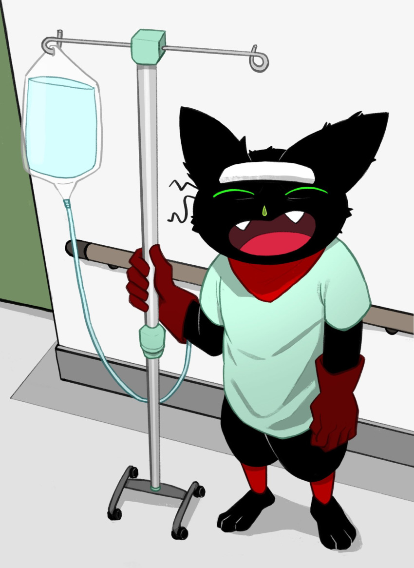 anthro black_body black_fur bodily_fluids cartoon_network digitigrade domestic_cat felid feline felis fur green_eyes hi_res hospital_gown ill iv_bag male mammal mao_mao:_heroes_of_pure_heart nemhippie paws sheriff_mao_mao_mao snot solo