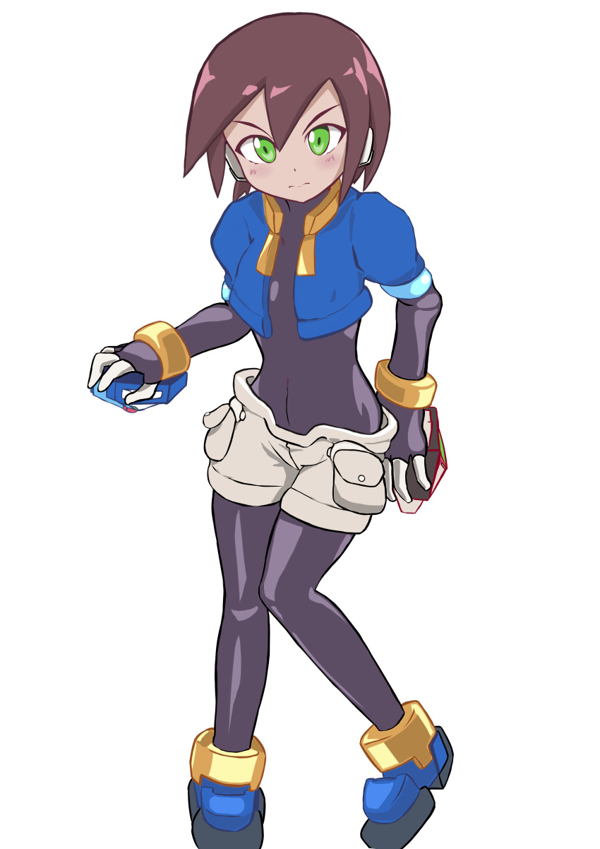 1girl absurdres aile bodystocking bodysuit brown_hair closed_mouth gloves green_eyes highres looking_at_viewer robot_ears rockman rockman_zx short_hair shorts simple_background solo spandex white_background